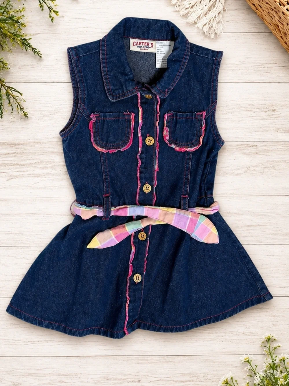 VTG 90s Carter's Denim Button Down Dress Belted 4T Toddler Girl Like New